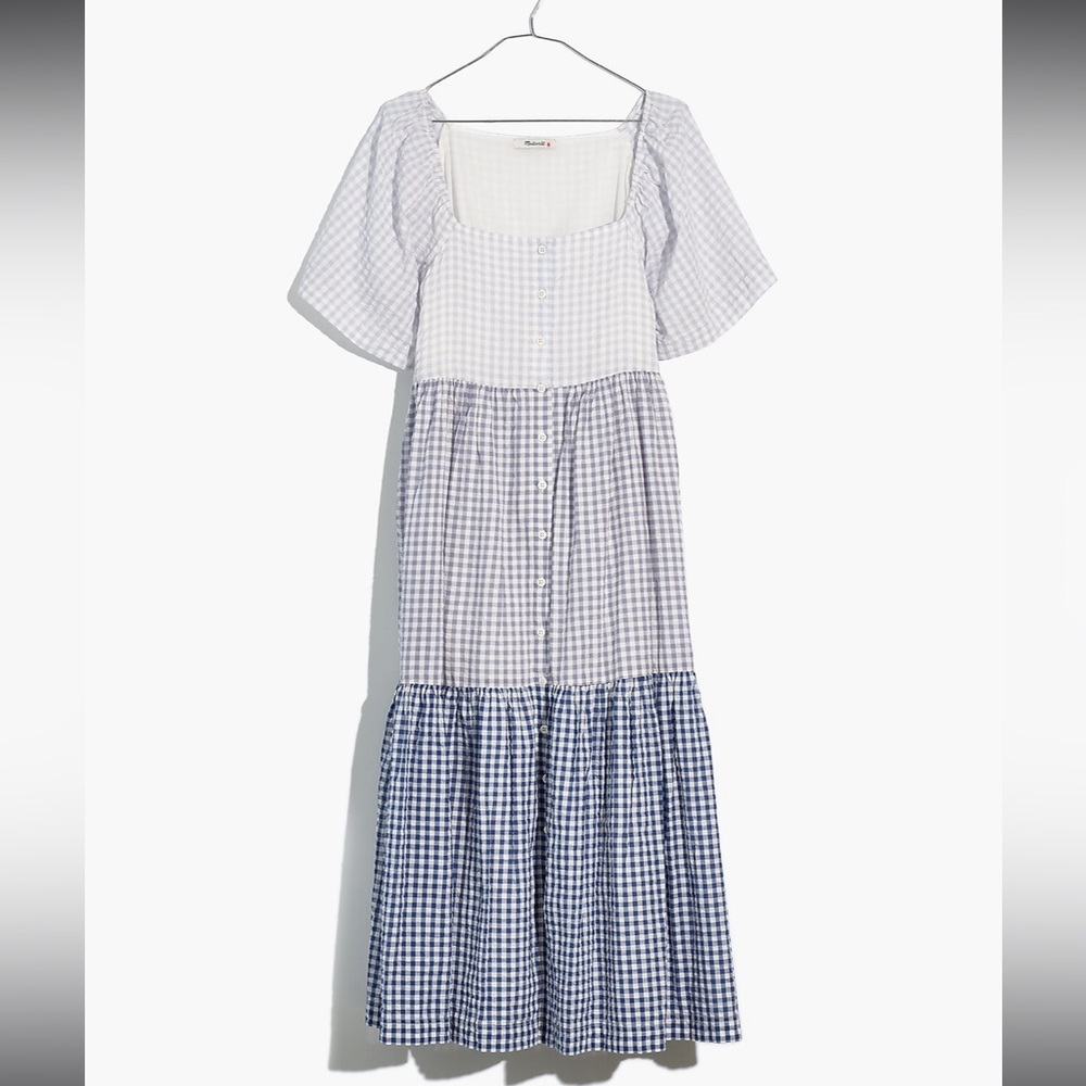 Madewell Patchwork Gingham Button-Front Tiered Midi Dress